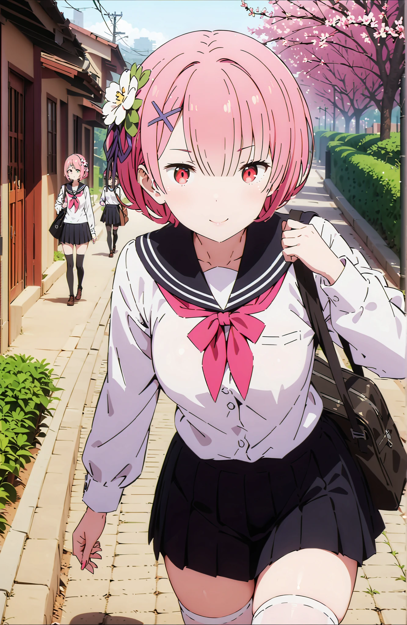 score_9, score_8_up, score_7_up, source_anime,Ram, hair flower, hair ornament, Hair on one eye, pink hair, Red Eyes, short hair, x hair ornament,smile,blush, shut your mouth,Black Sailor Suit,long sleeve, Black Mini Pleated Skirt ,white thigh high socks,loafers,Student bag 1 :1,spring,Cherry Blossoms,walking,,as if the whole body is in the illustration,in their 40s looking at viewer,full body,
in their 40s outdoors, residential area ,
in their 40s (masterpiece:1.2),Highest Quality ,Kampala,unity 8k 壁紙,(shape:0.8),( fine and beautiful eyes :1.6),It's a person ,full body photo,CG Details , (perfect hand in h,Complete Anatomy),