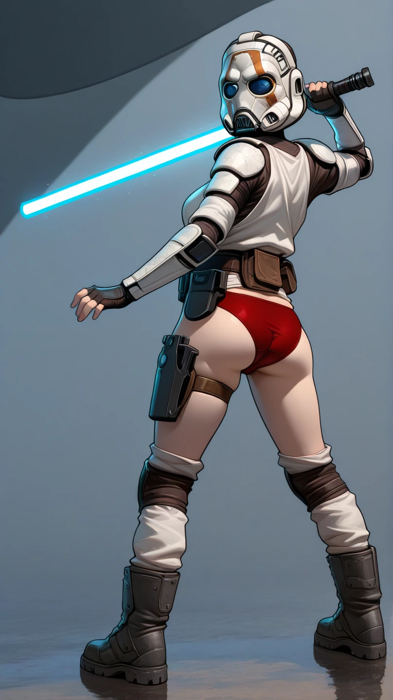score_9, score_8_up, score_7_up, score_6_up, realistic, (star wars Rey Skywalker), standing, ((huge natural breasts)), brown eyes, rey bun hairstyle, (black tube top), (covered nipples), (black pelvic curtain), (white wet panties), perfect pussy cameltoe, (black stockings), playing with lightsaber, horny expression, (rear view)1.1, (inside spaceship, Millennium Falcon background) (detailed stockings fabric) (wearing 20cm sexy high heels stilettos shoes) (detailed face)