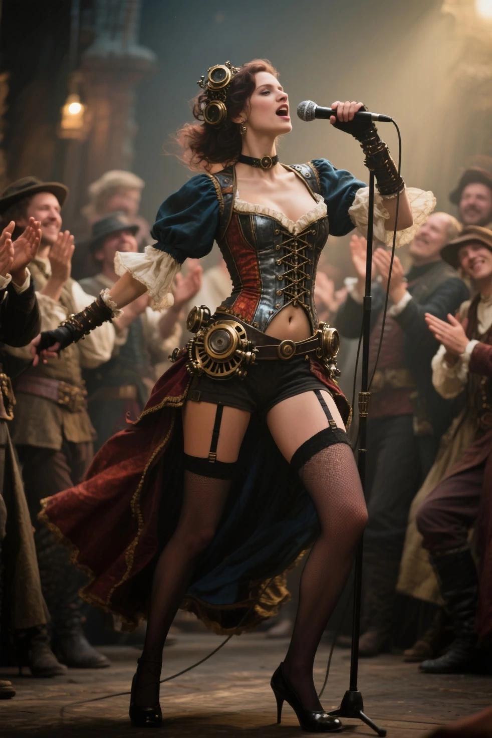 steampunk beauty on rollerskates in a very messy party scene, many people in the background, dancers, drinkers, talkers