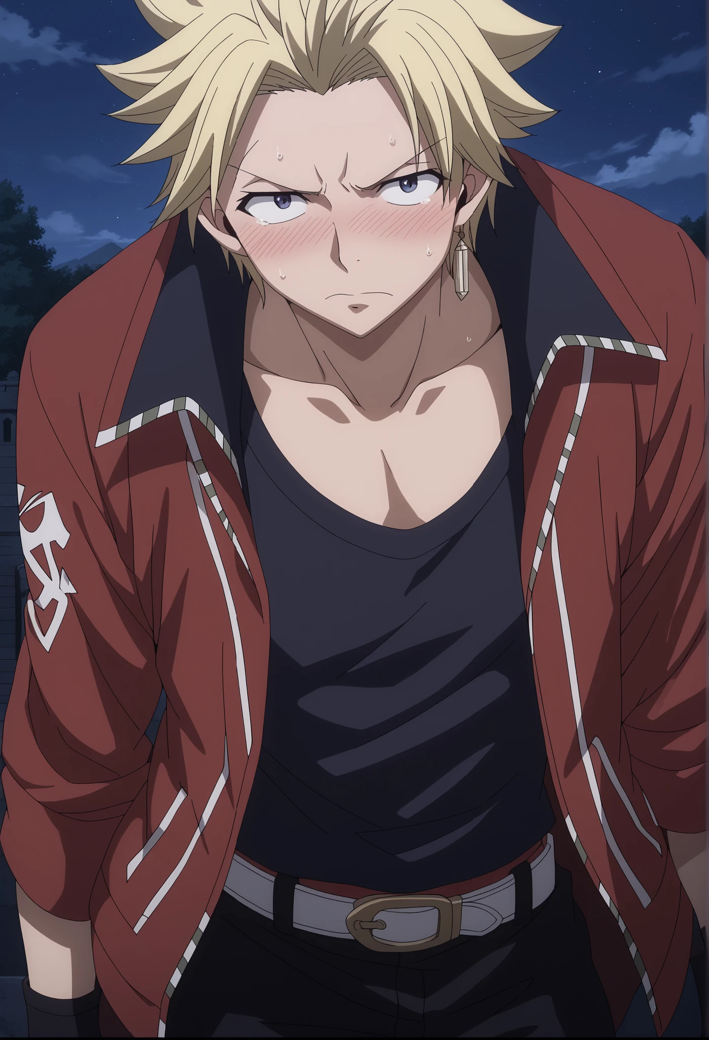 close-up, looking at viewer, score_9, score_8_up, score_7_up, source_anime, StingFT, Sting blonde hair, light yellow Sting, 1boy, male focus, anime screencap, (a red men's jacket, which fits his athletic figure. Underneath, he wears a black long sleeved T-shirt. His pants are dark and tight fitting, and he completes the look with white fingerless gloves that add a modern touch). He also usually wears a belt with a decorative buckle, dark night sky background with soft shadows, soft blue lighting highlighting his features, high-quality anime details, vivid colors, detailed face, intrincate details, ((embarrassed expression, heavy blush, frown, slightly averted gaze))