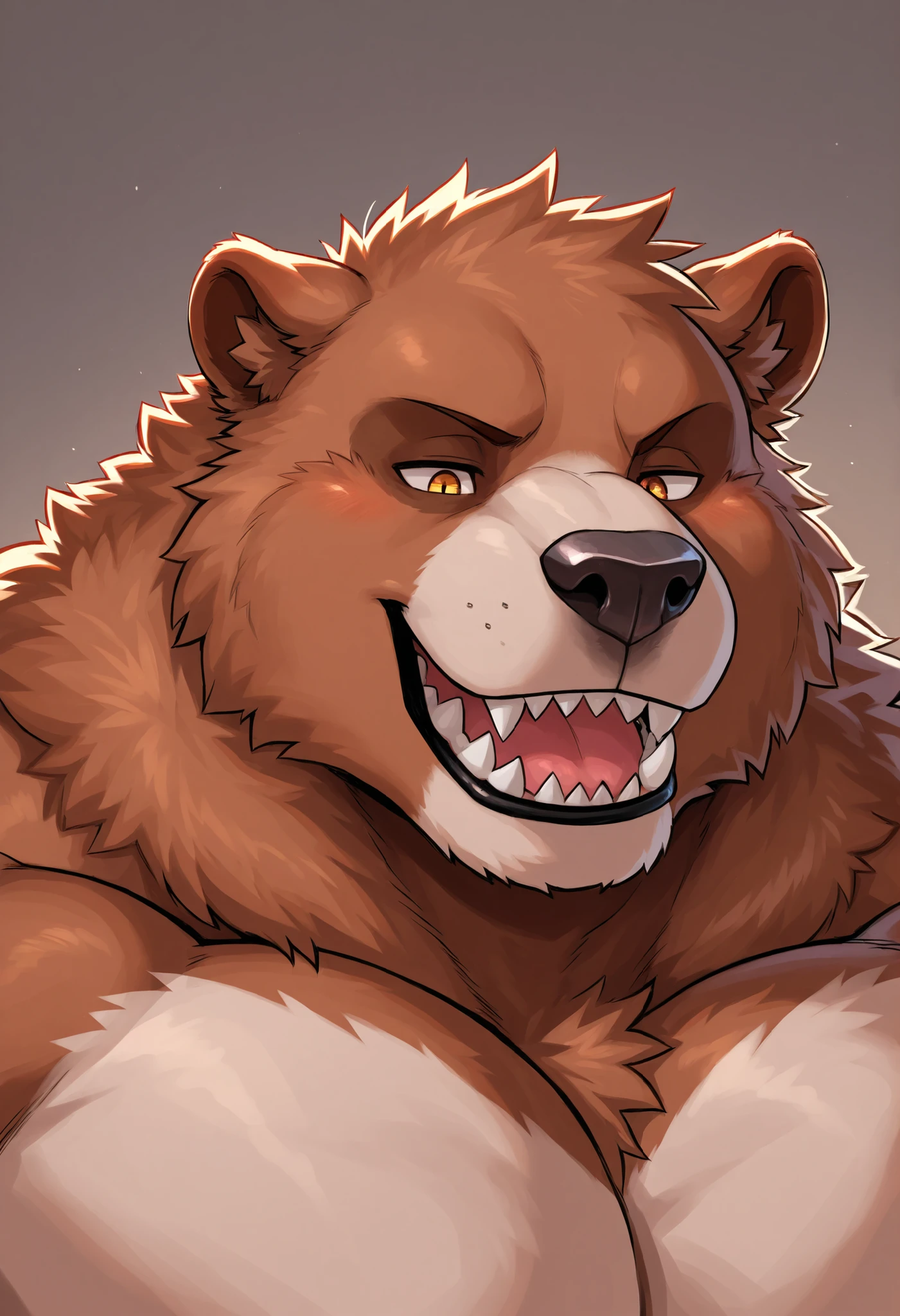 Portrait: huge-fat Kodiak Bear; (fat muscular; kind; big muscles; messy Tan/light-brown fur); happy; pleased expression; massive affection; fuzzy bears; mega-obese Bear, detailed eyes, (sharp teeth); masterpiece; best quality; amazing quality, complete darkness;1