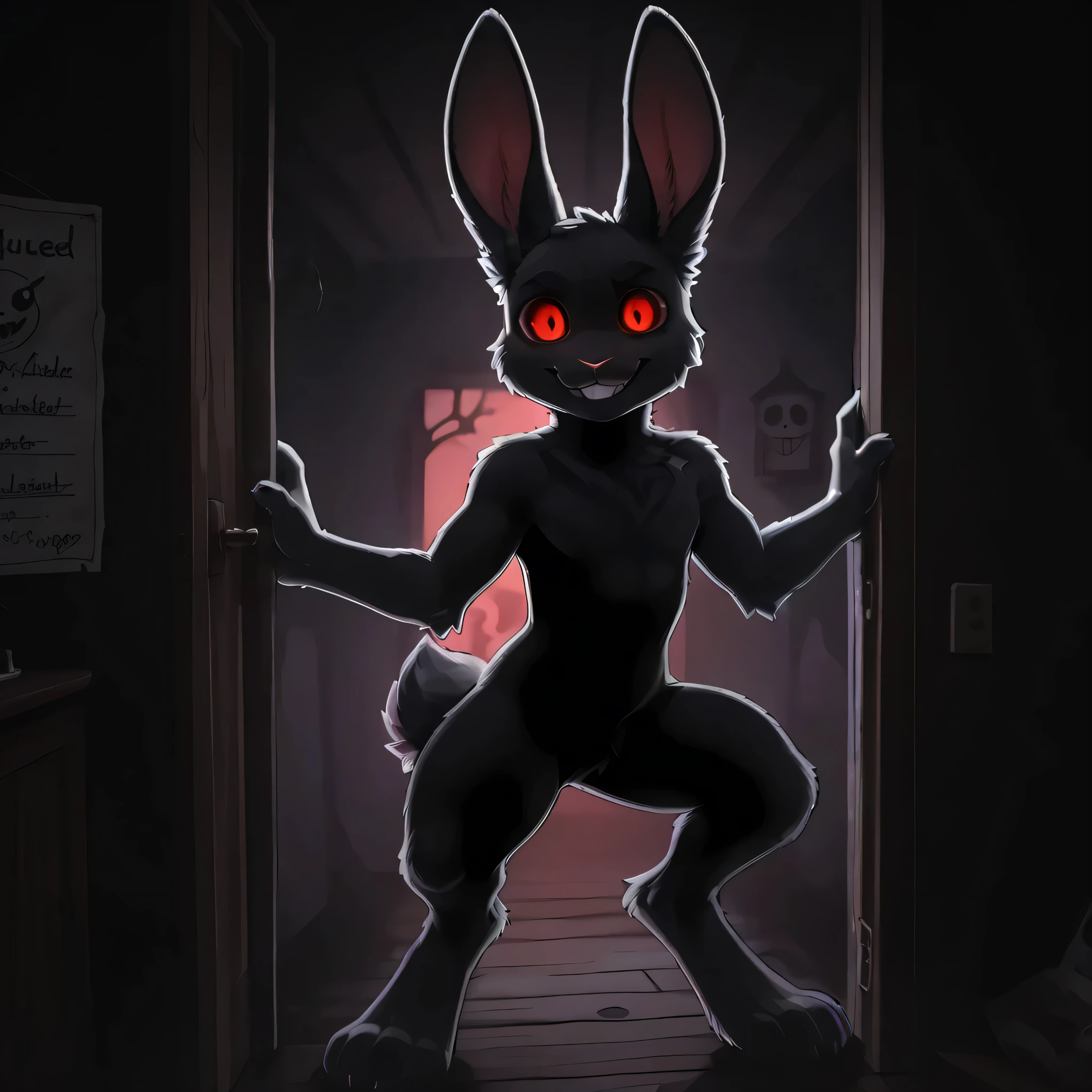 😋[🐺WereBunny] [🐰KuroRabbi], [Practice Test*] - by kluclew, male_anthro, silhouette black fur:1.10, digitigrade, creepy grin, glowing_eyes, red_eyes, buckteeth, Original, solo, anthro, slender, KuroRabbi, rabbit, DTkr, furs, paw, (haunted house), (haunted content:1.2), (murderous eyes, glow, detailed),