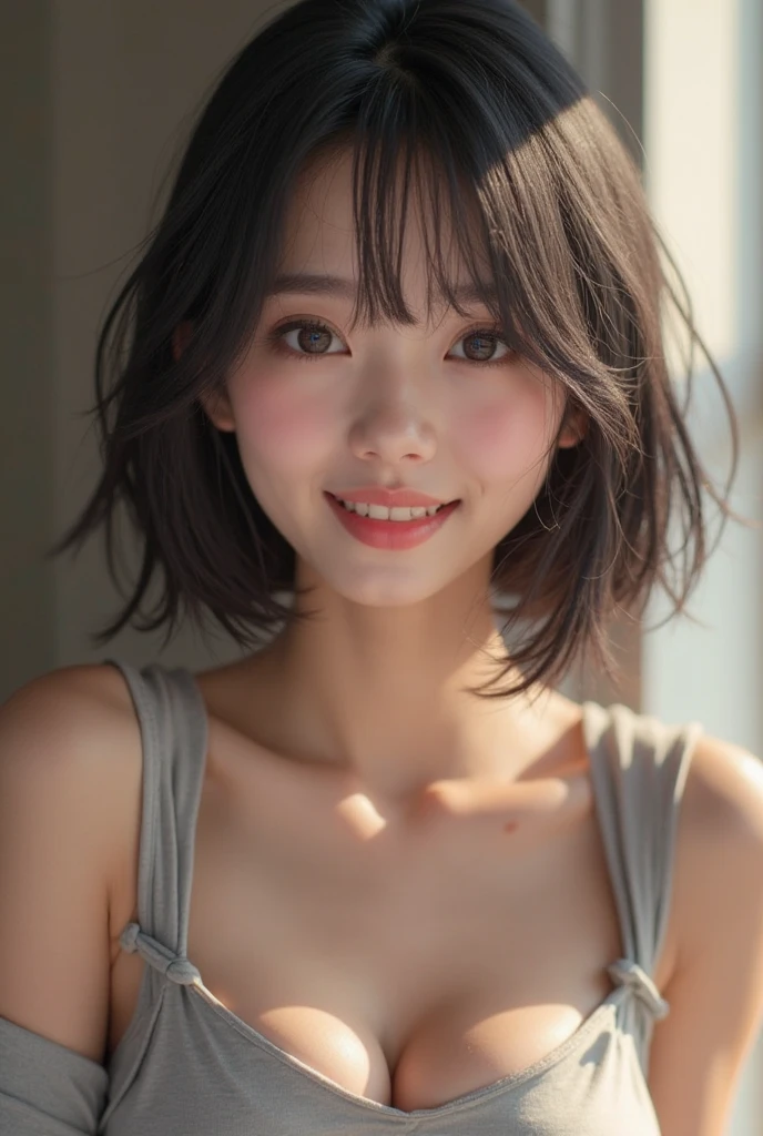 (highest quality, masterpiece, Ultra-high resolution, photo-Realistic:1.6), (Portraiture, Face to face), 1 girl, (Sparkling black eyes),19 years old,Mature face,Raise your arms and clench your fists, (K-POPアイドルコスチューム), (Very short hair), (short bangs above the eyebrows,,), (Look up at the audience), Realistic, (Simple solid color background), Image Media Chest), (Smile with visible teeth)