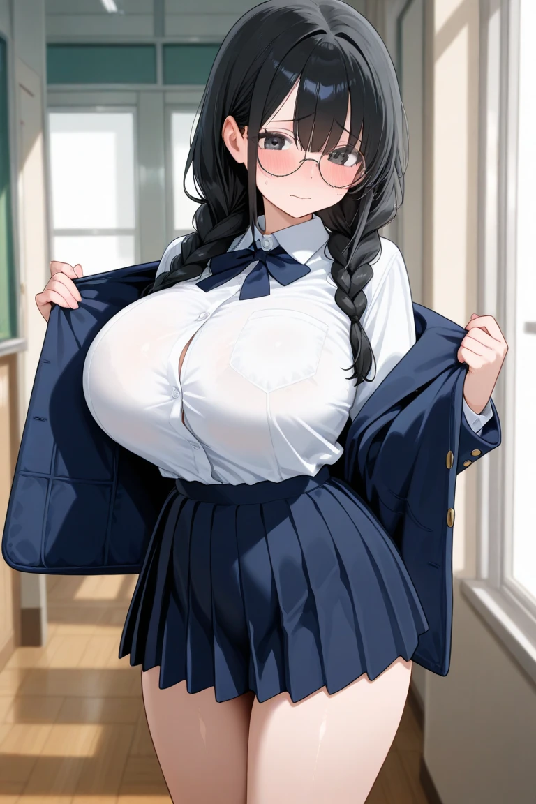 1girl,black hair,blue eyes,detailed eyes, tight shirt,school uniforms,glasses,miniskirt,school hallway,armband ,huge breasts,sagging breasts