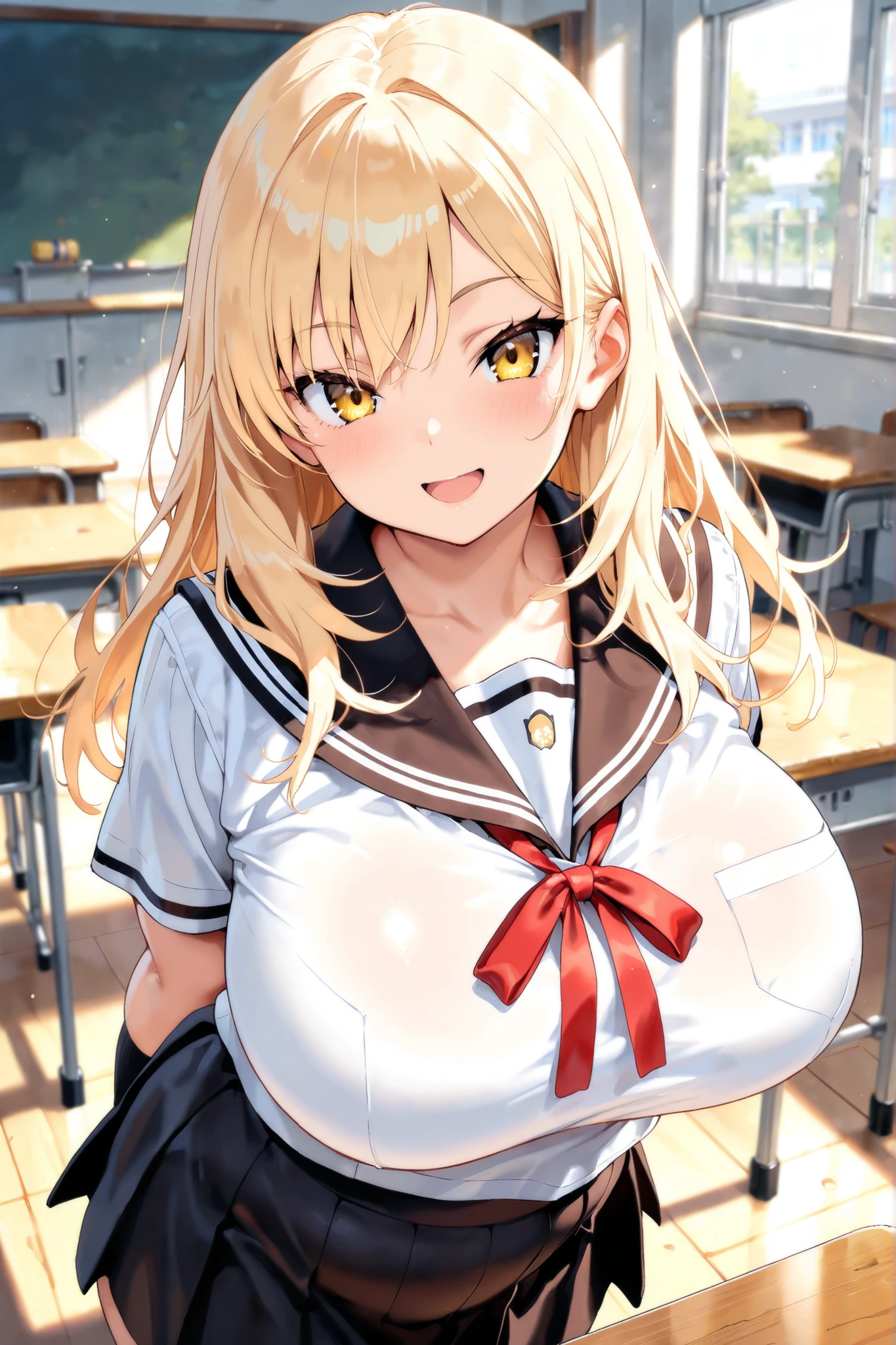 masterpiece、Highest quality、Best image quality、High resolution、Big Breasts、、School-Uniform、Red tie、Summer clothes、Blonde、Yellow Eyes、Long Hair、In the classroom、I'm in a hurry、An empty classroom