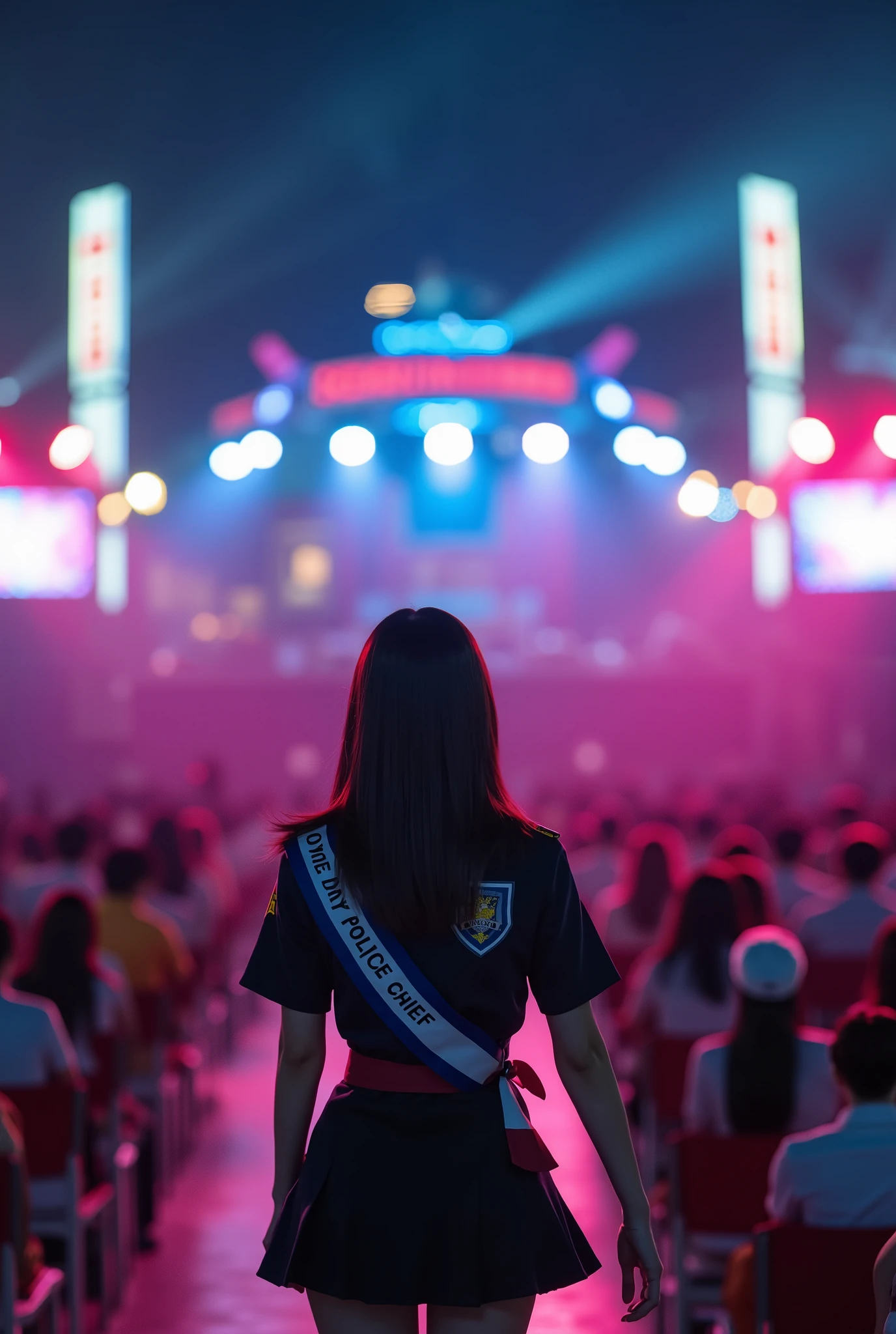 Create a portrait of a stunning Japanese female singer with a slim figure, medium bust, and slender legs. She has medium-length hair and is dressed in a Japanese police uniform, acting as a "one-day police chief," with a sash that reads "一日警察署長" (One-Day Police Chief). The scene is set at an outdoor festival where she is performing, surrounded by colorful lighting. Capture the entire venue from behind the audience, showcasing the vibrant atmosphere.
