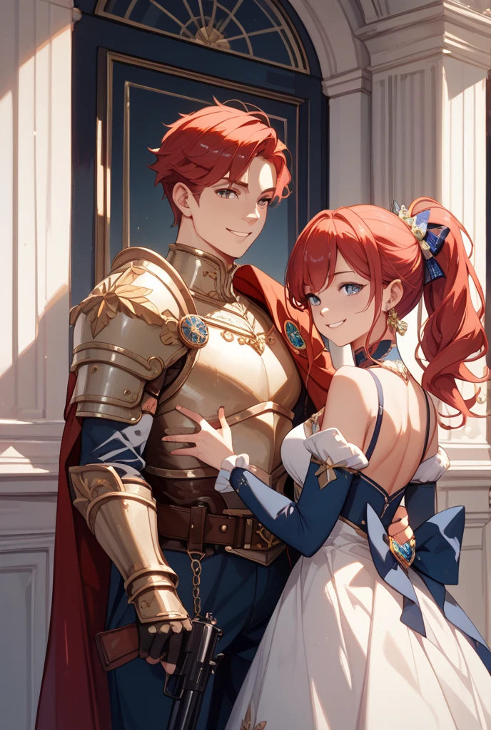 Maki nishikino, Purple eyes, red hair,boy and girl standing beside each other,(armor),Golden Armor ,Helmet, Powerful pose, breast armor, breast press,side hug, looking at viewer 