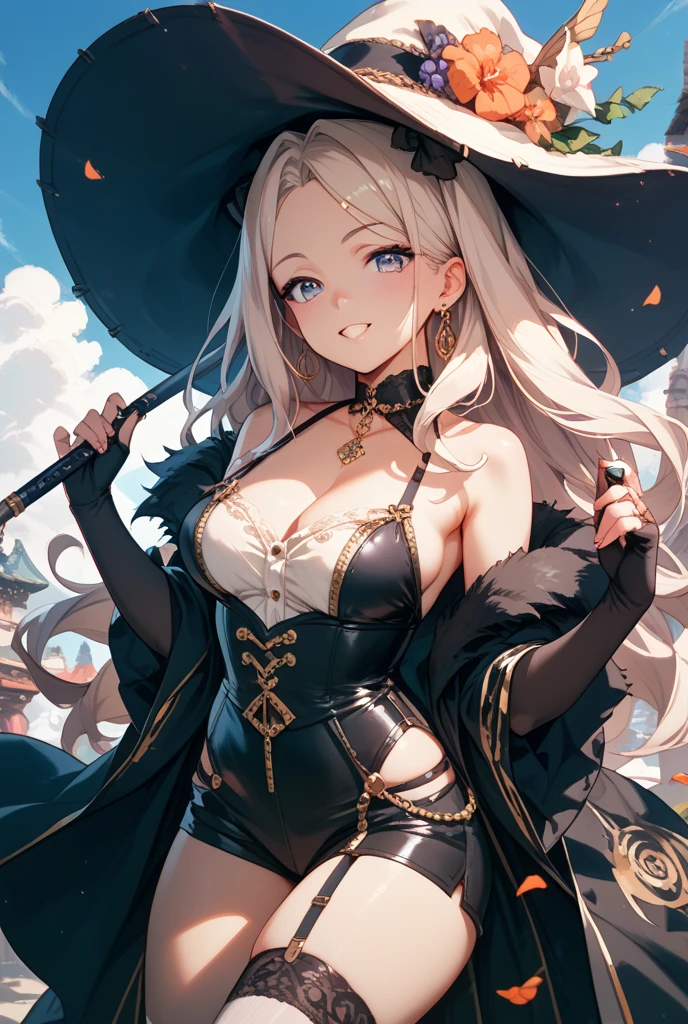 A beautiful and sexy witch riding a broom