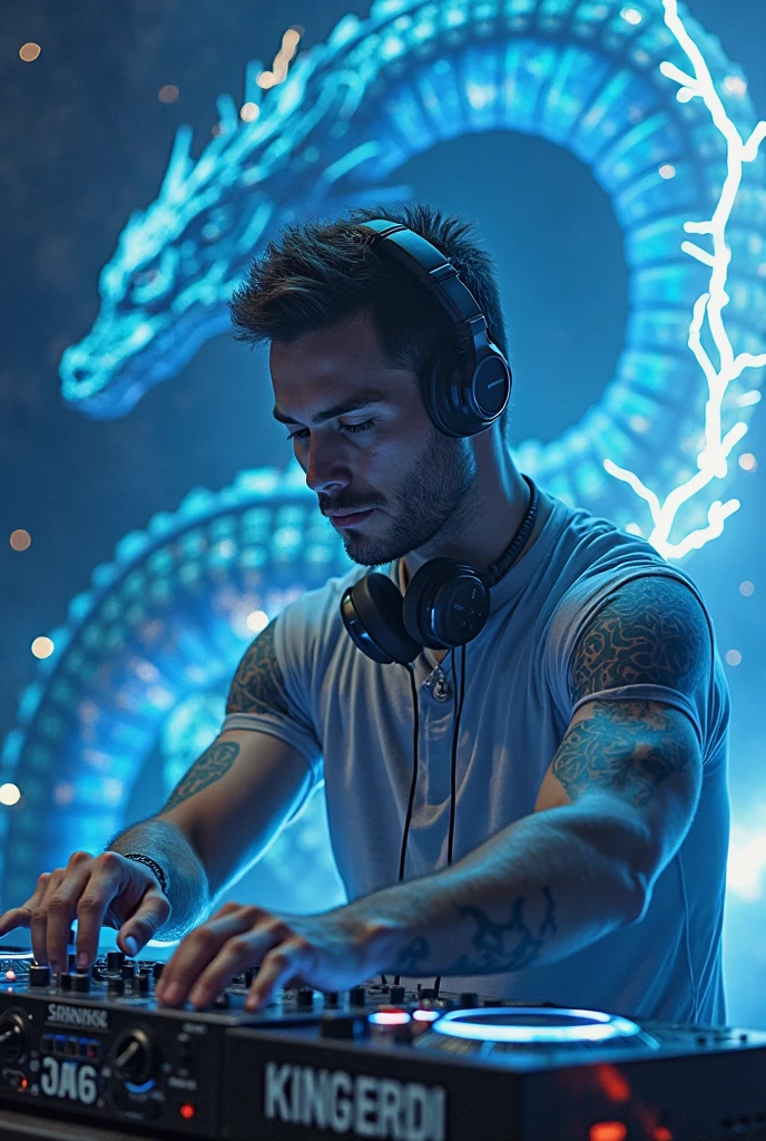 A 3D render of a surreal digital artwork featuring David, a muscular, god-like figure with an imposing and powerful presence. David's well-defined, chiseled physique stands out as he becomes one with the music, wearing sleek, futuristic headphones and skillfully manipulating a high-tech DJ deck. Every contour of his strong, muscular body is accentuated by the intense, dramatic lighting that casts dynamic shadows across his frame. He is wearing a red shirt featuring the iconic gold star of the Vietnamese flag at the center of his chest. A majestic Lý dynasty dragon elegantly spirals around him, adding an aura of ancient power to his modern image. In one hand, he holds a lit cigarette, with wisps of smoke intertwining with vibrant, colorful music notes that float and pulse in the air, moving in harmony with the beat. The background is alive with a vibrant explosion of swirling colors—ranging from electric blues and fiery reds to radiant pur