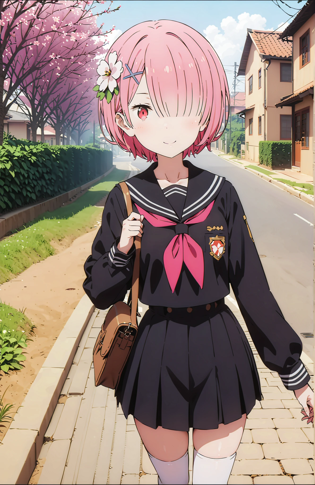 score_9, score_8_up, score_7_up, source_anime,Ram, solo,hair flower, hair ornament,Hide one eye with bangs, pink hair, Red Eyes, short hair, x hair ornament,smile,blush, shut your mouth,Black Sailor Suit,long sleeve, Black Mini Pleated Skirt ,white thigh high socks,loafers,Student bag 1 :1,spring,Cherry Blossoms,walking,,as if the whole body is in the illustration,in their 40s looking at viewer,full body,
in their 40s outdoors, residential area ,
in their 40s (masterpiece:1.2),Highest Quality ,Kampala,unity 8k 壁紙,(shape:0.8),( fine and beautiful eyes :1.6),It's a person ,full body photo,CG Details , (perfect hand in h,Complete Anatomy),