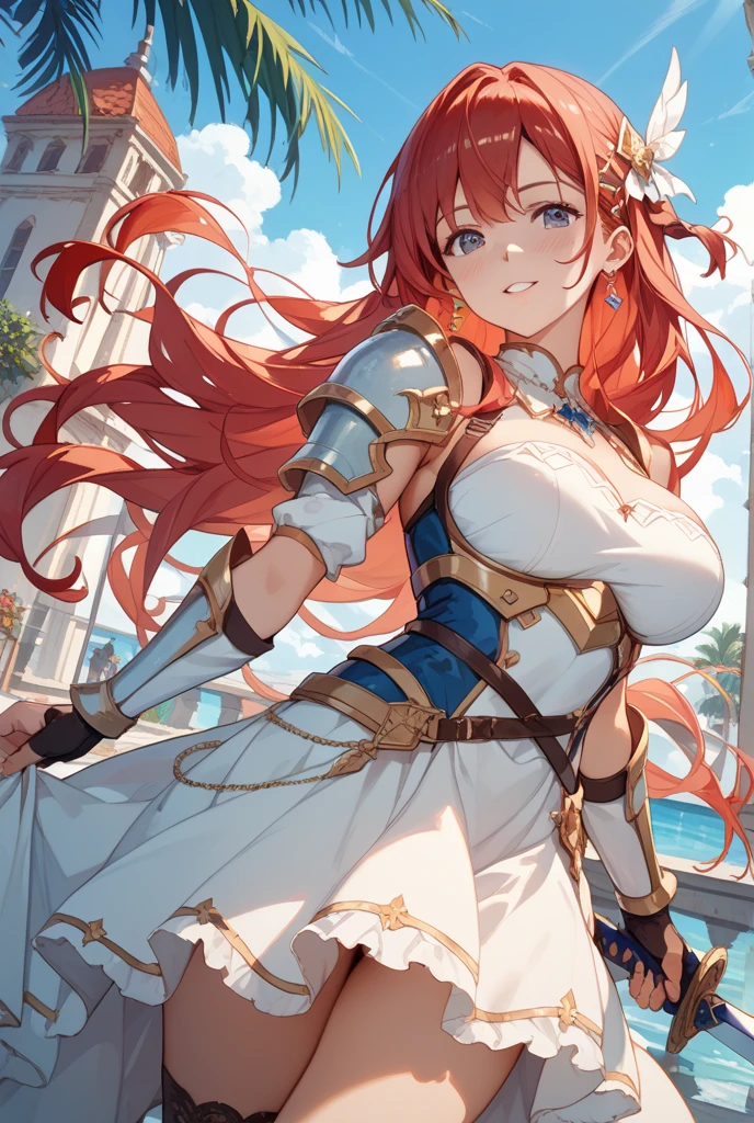 4K,high resolution,A woman,Bright red hair,Langheier,blue eyes,knight,White Holy Armor,jewel embellishment,Great Sword,Medieval town , Smiling , hands down , looking at the protagonist