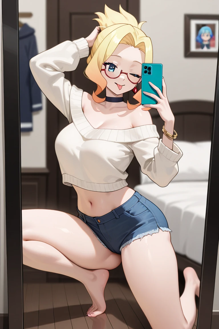 Blush, peach lips, long eyelashes, hourglass body, thick thighs, huge boobs, pucker, selfie, green eyes, emerald green eyes, bright eyes, sandy hair, wavey hair, glasses, holding phone, selfie, mirror,sitting down, stockings with holes, shorts, phone, hands, crop top, big boobs, 1 girl