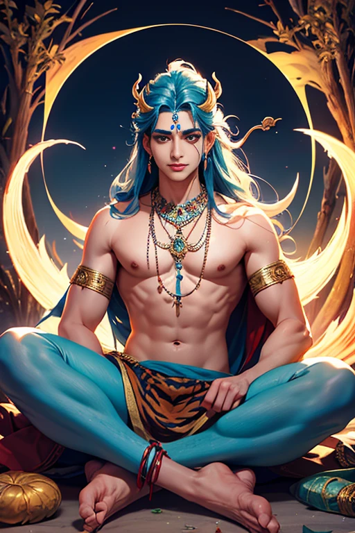 A young Lord Krishna with long, flowing curly hair in a vibrant blue hue. He has a radiant and beautiful smile on his face, exuding warmth and divinity. With one hand, he offers a blessing, while in the other, he firmly holds the Sudarshan Chakra, symbolizing his power and protection. The scene draws inspiration from the majestic Virat Swaroop form of Krishna, reflecting both his serene grace and formidable strength.