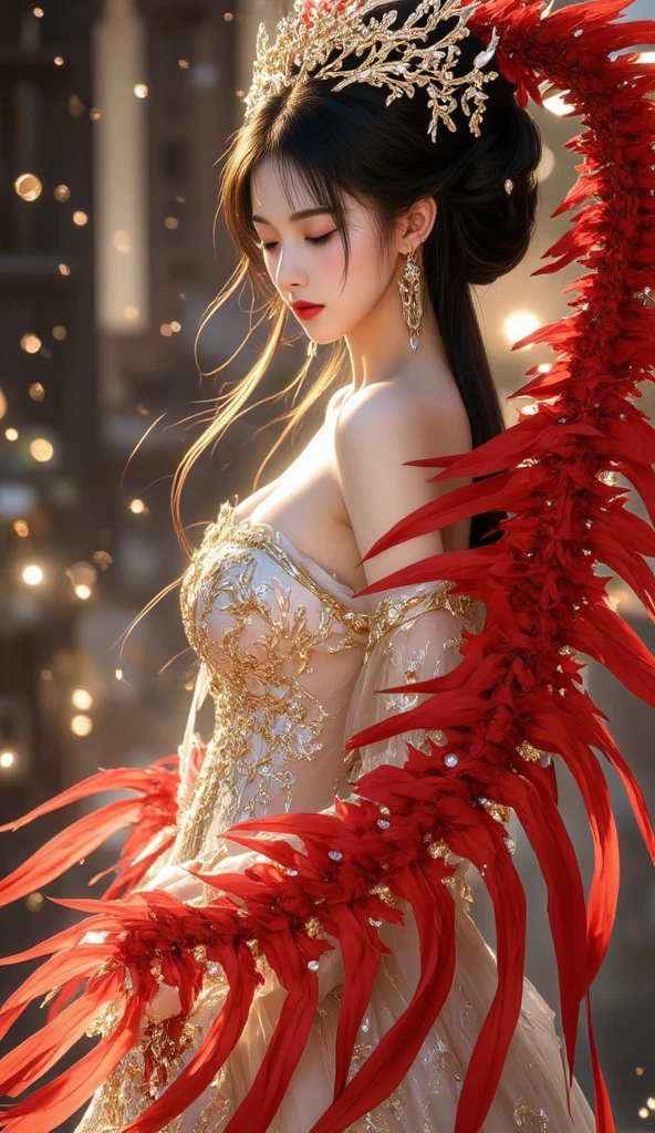 (​masterpiece、top-quality、top-quality、Official art、Beautifully Aesthetic:1.2)、(One girl:1.3)、ighly detailed、(Fractal Art:1.1)、(colourfull:1.1)、(florals:1.3)、highestdetailed、(Zentangle Neon:1.2)、(Dynamic Pause)、(Abstract background neon:1.3)、(shinny skin)、(Many colors:1.4)、美丽的面容、A detailed face、perfectly proportions、爆乳、big breasts thin waist、nabel、(耳环)、(pluma:1.5)、(Flamethrower:1.3) 、Red background、Phoenix dress、neons、Full-HD