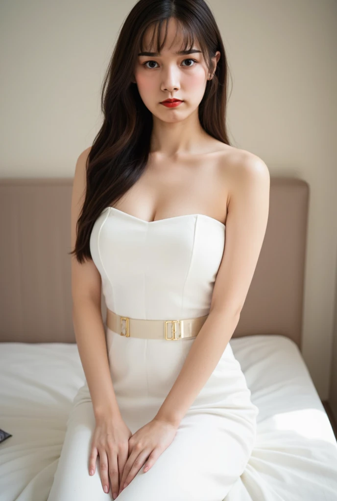 Young Korean girl long ginger wavy hair slim body beautiful breast pretty face wear white Sleeveless strapless nurse uniform with nurse hat, taking photo in medical room in hospital