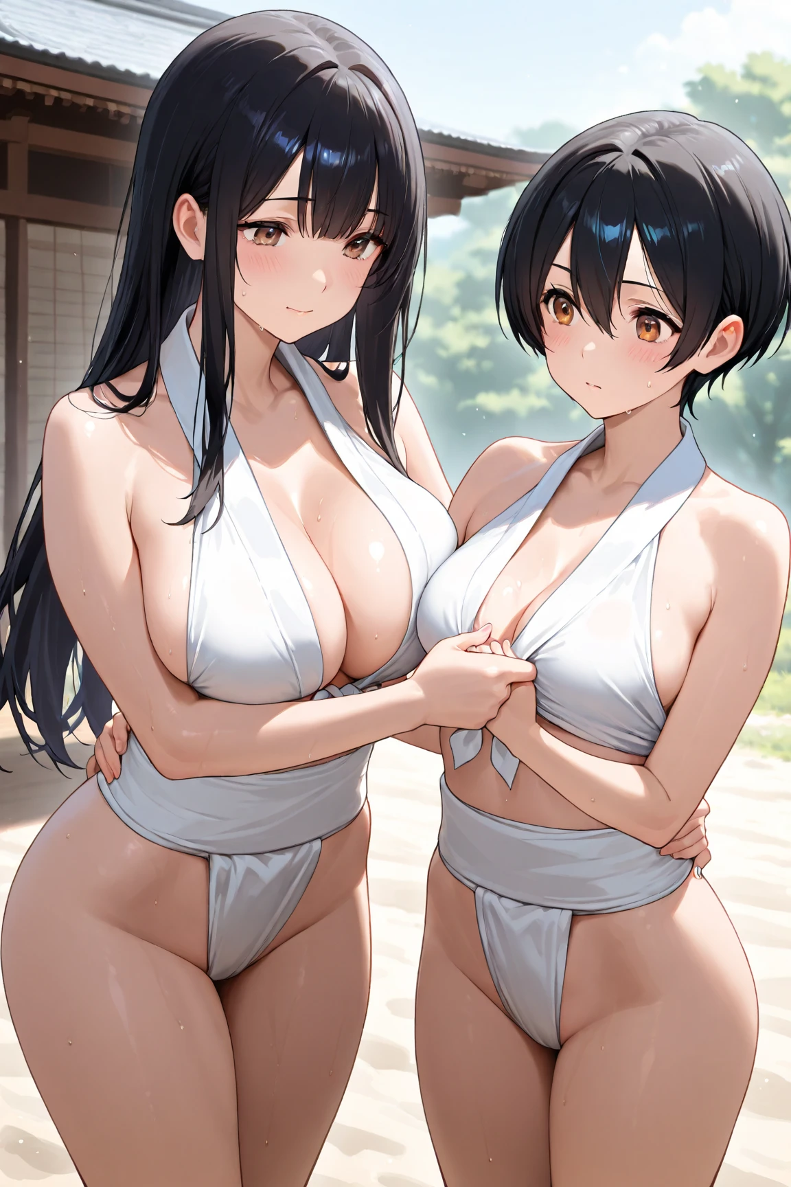 2girls,Fujiwara no Mokou(from Touhou) and Houraisan Kaguya(from Touhou) .black hair,white hair, a lot of flowers, grass, huge tits, best quality, masterpiece, nude, naked,huge tits, hugging from behind, perfect anatomy, red eye,