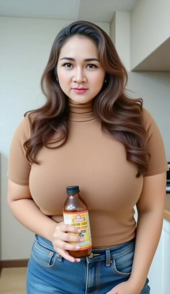 full body photo, masterpiece, very good quality, very detailed, beautiful korea woman, curvaceous body, curvaceous body, big thighs, wearing a pink tight t-shirt and white tight sports leggings, hair brown, hair tied, stirring coffee, next to a cart, various drinks and snacks, on the side of the road, afternoon, twilight, field background, there is writing ("BAKUL KOPI SUSU YANG JOMBLO GRATIS")