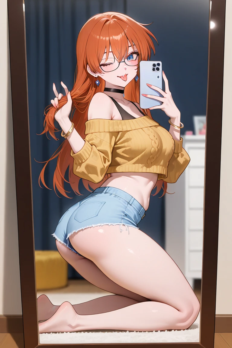 Cute sexy nervous woman with thick long messy curly orange hair with glasses with tattoo blushing with bright earrings with thick thighs and big chest in sexy position taking off sexy black bikini standing in bedroom at night with butt out with tongue out taking a selfie