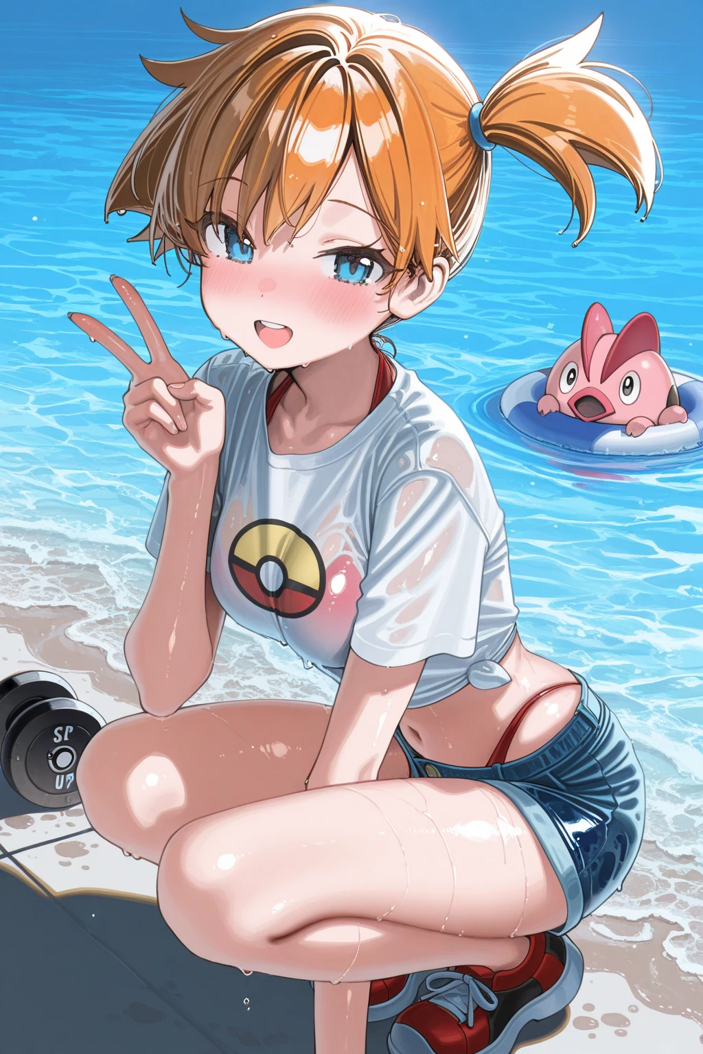 masterpiece,Highest quality,1 Girl,alone,Pokémon-like art style,(bold:1.6),(flat:1.5), masterpiece,best quality,1 girl,独奏,Thin thighs,(Nude,Pumping Shorts),ponytail,Brown Hair,(blush:1.3),Thigh to head,grabbing breasts,ecstasy,slut,fucked silly,steam,wet,trembling,sweat,open mouth,Mischievous face,Beach,Transformation,slim,[manly:girly:0.9],Feminization