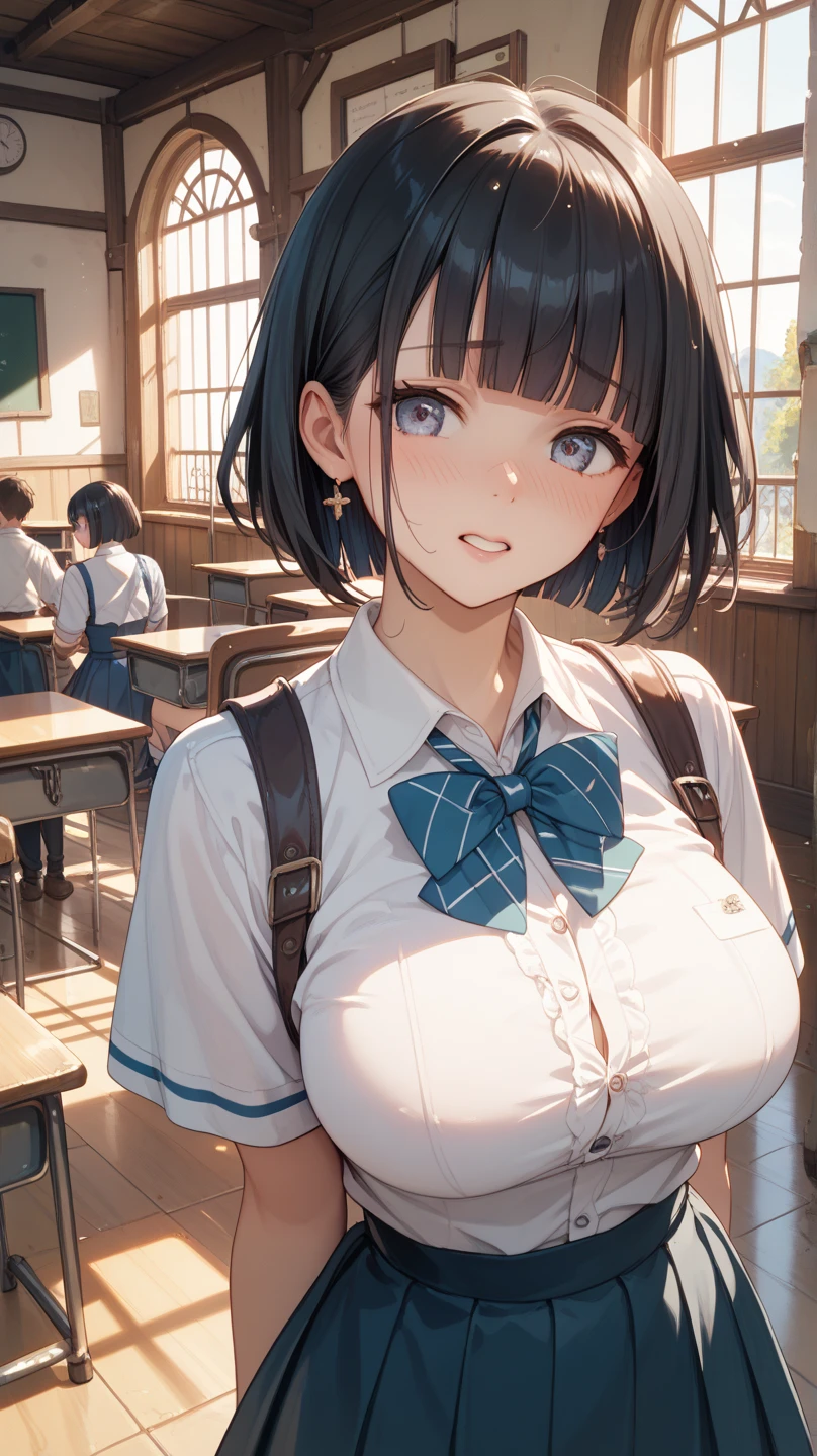 ((Student sitting on the desk in class with her legs apart)), Charming eyes, a group of perverted old professors around her, undressing her and touching her breasts, old men touching her legs, long thick black hair, Highly detailed body, highly detailed face, best quality, (underwear P iNK), (high school girls), ((white jacket, breast emblem))、 ((translucent blouse)),, ((flared skirt dark blue checks)) ,(Black stockings)、((The white lace underwear is visible