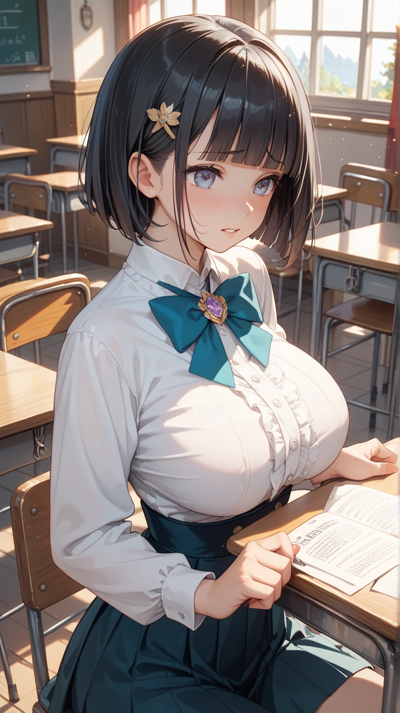 (Front angle:1.6)、(masterpiece, Official Art), One Girl, Black Hair, blue eyes, hair ornaments, Hair Clip,  (school uniform), (shirt), (tie), (skirt), (Wet), (Huge breasts), very good、sunlight,classroom、During class、 View Audience, Grin,Cum on face、 Charm, blush, Charm服, , (Place your hands between your legs), (Sitting on a chair、Put your chest on the desk),White panties、Short Bob、Sticking out your tongue、Dripping a huge amount of saliva、Peeing、squirt pee、tits 、titsをテーブル机の上に胸を置く、nsfw