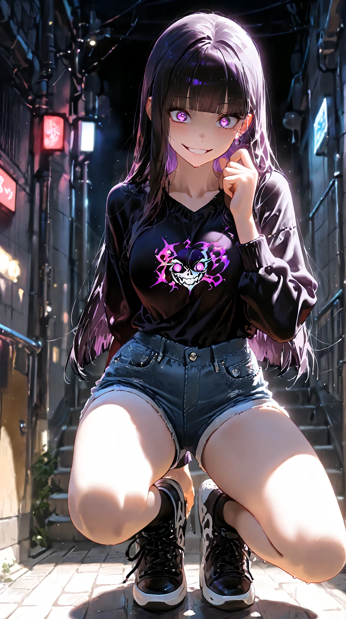 Best Quality,High resolution,8k,(plain white background, no patterns, no textures, just a plain white background:1.3),Masterpiece:1.2),beautiful girl,Shiny purple hair,(bob cut),Beautiful purple eyes,A age girl in a vibrant, oversized graphic tee or tank top featuring a bold cross design with punk rock elements, such as chains or studs. She is wearing high-waisted, slightly oversized long pants in a bright color or with a punk-inspired pattern, like plaid. Footwear includes chunky combat boots or high-top sneakers with metal accents. Accessories include a studded belt, a cross pendant necklace, and spiked bracelets,Gentle look,A refreshing look,smile,Best quality,Best Quality,Aesthetic and aesthetic:1.2,Best details((Super detailed))(High-definition CG illustrations),Slender body,smile,blush,cute,Scrounge,Looking up,Being spoiled,super model