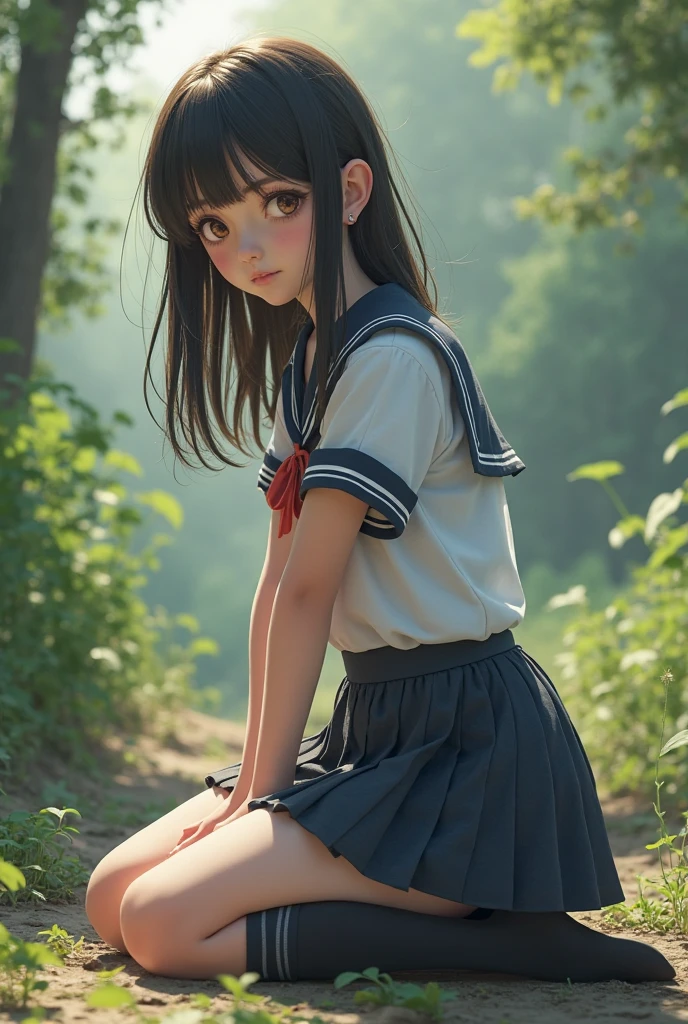 Anime girl, Nature, Scenery, Grass, Blue sky, Sitting, Beautiful, Gazing, 2k, 4k, High quality