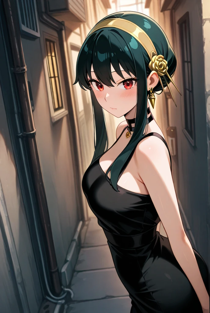 1girl, yor briar, looking at viewer, (smirk:0.7), mature body, golden headband , red eyes, close up (cowboy shot:0.7), beautiful party dress, black lace dress, (long) dress, side slits, sleeves, floral lace, night scenery, masterpiece, best quality