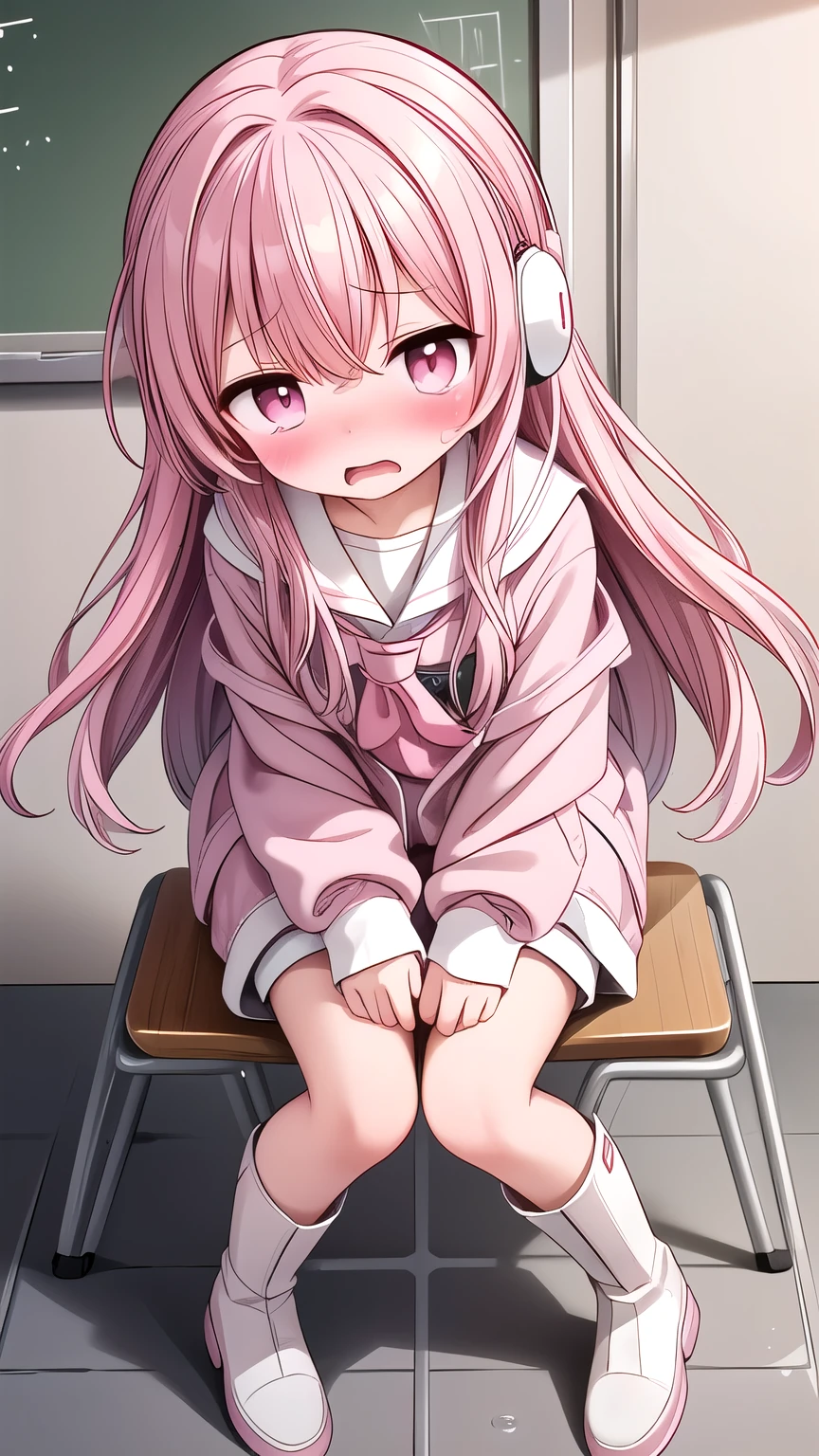 best illustration, masterpiece, best quality, absurdres, 1girl, realistic eyes, looking at viewer, crossed arms, have to pee, (peeing self:1.3), trembling, full body, blush, embarrassed, door, squatting, haruno sakura, forehead mark, side bangs, red hairband, pink hair, green eyes, red sleeveless dress, white pants