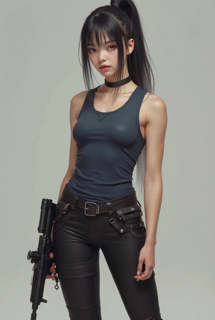 Girl with straight black hair with a gun in her HAND ANIME