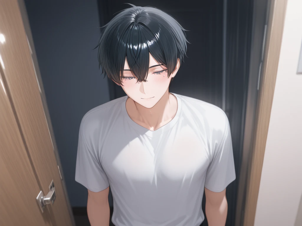 1 boy, black short shirt, sit on bench, black hair, normal pose, side angle, side view, half-side view, look at you, cool boy, elegant boy, room background, hand lay down.