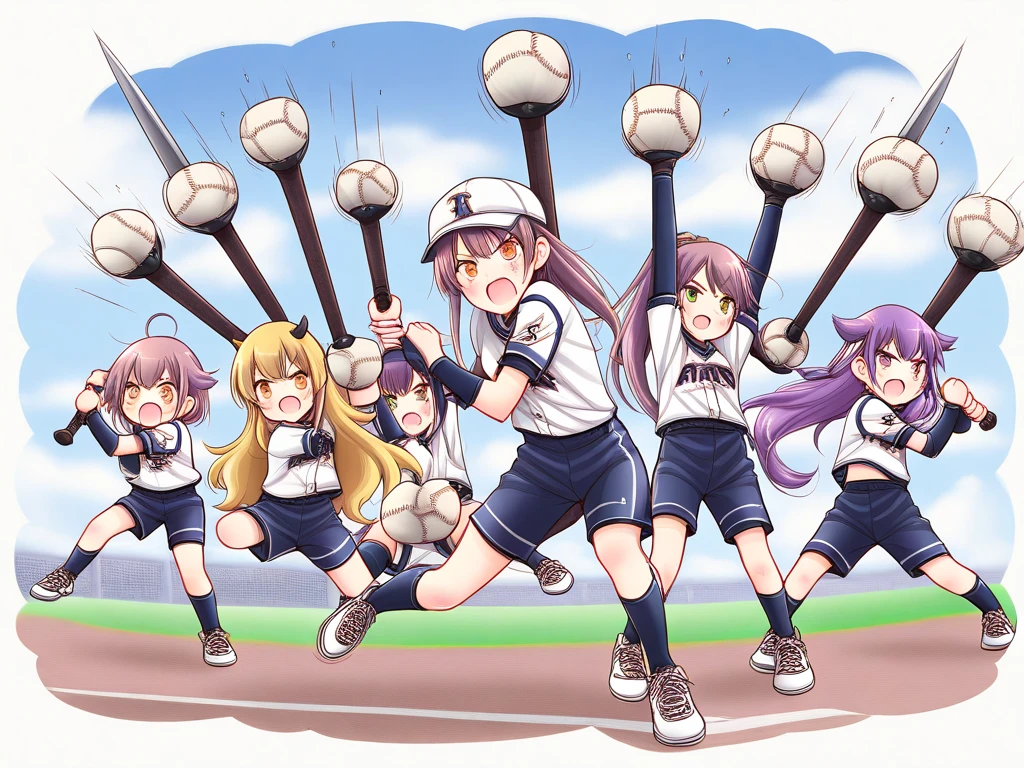 野球のバットとピクルスを野原で持つAnime Girls, smile,Cute Anime, high detailed Official artwork, Naughty anime style, Popular on pixiv, Game Art!!, Official Fan Art, Cute artwork, Anime Girls, the material is!!! watermelon!!!, Splash Art Anime Loli, Cute art style, Topics on pixiv, For AAA games, Official artwork, Official Anime Artwork