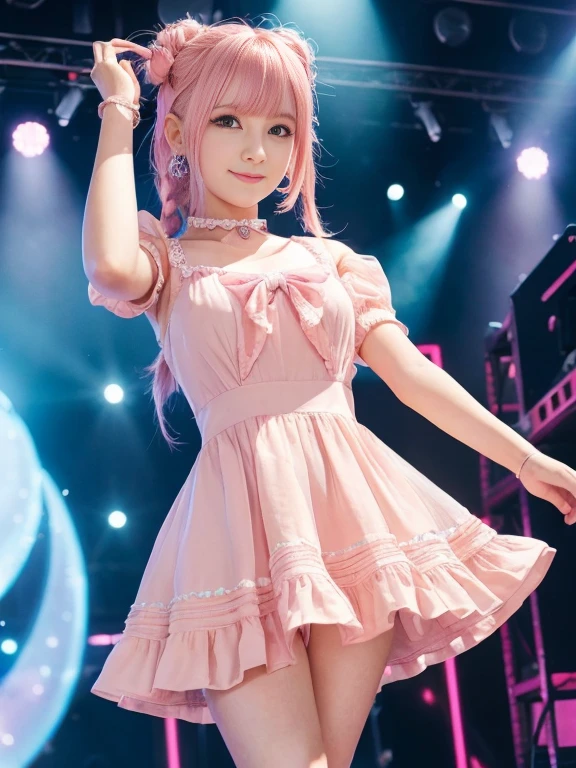 photorealistic, long_hair, realistic, solo, photorealistic, best quality, ultra high res,1girl, YuraS, outdoor, amusement park, colorful, parted lips, [long hair], ponytail, cute headband, amusement park rides and attractions in background, night time setting, beautiful, masterpiece, best quality, extremely detailed face, perfect lighting, ultra high res, ultra detailed,  <lora:YuraSakuraLora_v25:1>,  <lora:idolSingingCostume_v11:0.6>, idol_singing_costume