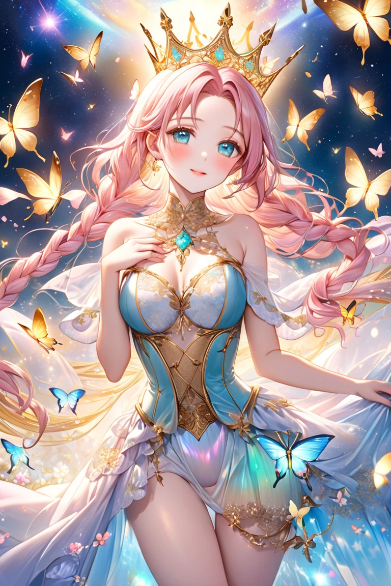 (8K, masutepiece, Highest Quality, Best Quality, Official art, Breathtaking beauty and aesthetics, A highly detailed, The best masterpiece in history that exceeds limits, Breathtaking and beautiful lighting:1.2), (1 Beautiful Girl, Solo), (16 years old), (Beautiful face), (shiny white skin), (Beautiful detailed pink twintails hair, Bangs:1.3), (beautiful detailed adolable drooing pink eyes:1.3), (Beautiful Luxurious blue Princess Dresses, See-through intricate lace, black cute bow ribbon, a lot of see-through frill, sheer chiffon material, silver thread, Diamond, pearl, corset), (Beautiful Luxurious Diamonds Tiara), (Beautiful big bust:1.3), (happy smile, Beautiful smile, Gentle smile, cute smile, innocent smile like an angel:1.2), breathtaking scenery, Attractive, amazing, Beautiful, Elegant, Luxurious, magnifica, Eye-catching, the ultimate beauty, Supreme Beauty, Superlative beauty, Elegant, Beauty, Graceful, Everyone loves it, Beauty that fascinates everyone, Healed, The highest level of complete beauty, cute like an idol, Stylish like a fashion model, Goddess-like grace, Be loved, adolable, Look at the camera, cute pose, Happy, (12 head and body), (ultra detailed realistic Breathtakingly beautiful Luxurious Kaleidoscope:1.2), (Sparkling pearl effect:1.5), (Beautiful fantastic rainbow fairy wings:1.3)
