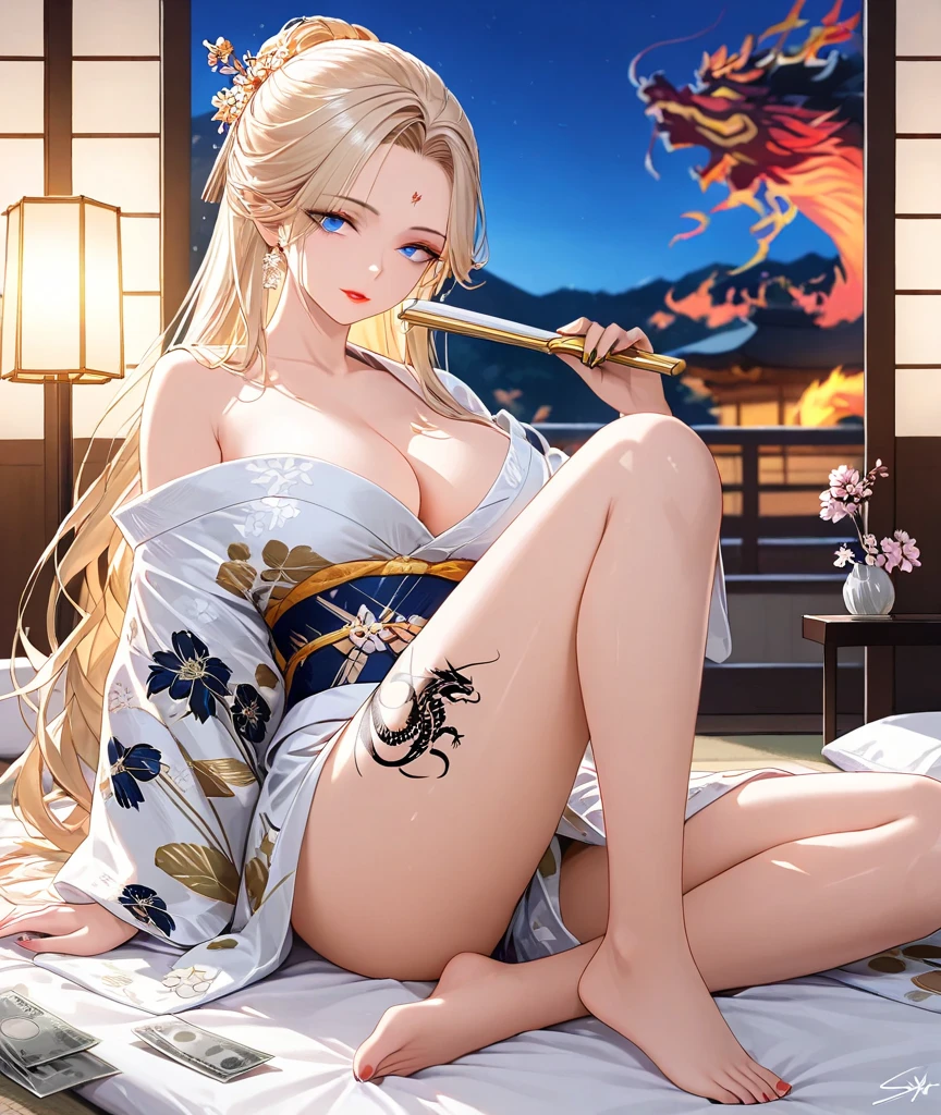 Outstanding woman with long blonde color hair and long eyelashes in style outstanding woman wearing white patterned kimono spreads legs