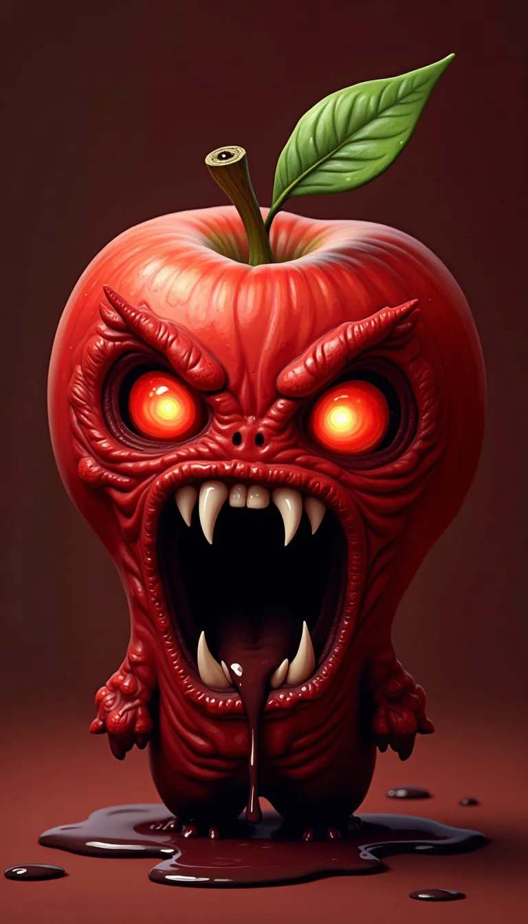 an evil apple with a sewn on leather face and wide open mouth full of sharp teeth attacking forward