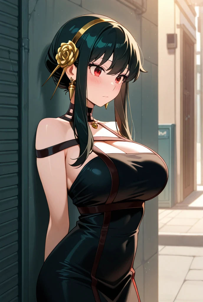 masterpiece, best quality, highres, aayorf, sidelocks, gold hairband, hair ornament, red eyes, gold earring, large breasts, choker, bare shoulders, black dress, two-sided dress, fingerless gloves, thigh boots, cowboy shot, standing, field, from side,
