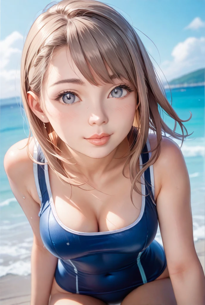 highest quality, 8K, Super detailed, photorealistic,master piece, best quality, ultra high resolution, highest quality, anime style, best writing, beautiful face、(beautiful detailed eyes:1.3)、highly detailed face、perfect lighting、Highly detailed CG、(perfect hands、perfect anatomy)、lawine、lawine、long hair、bangs、blue eyes、silver hair、Braid、ロー結びlong hair、BREAK long hair, (blue bikini: 1.5), (frills: 1.5), Free pose, cowboy shot, beach, Put your feet in the water