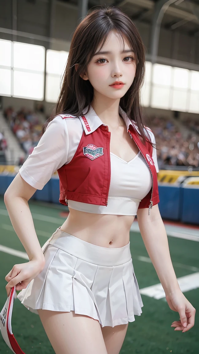 Beautiful girl, Korean makeup, Red lips, medium body, medium chest, femoral, baseball cheerleader outfit, jumping position, stadium landscape