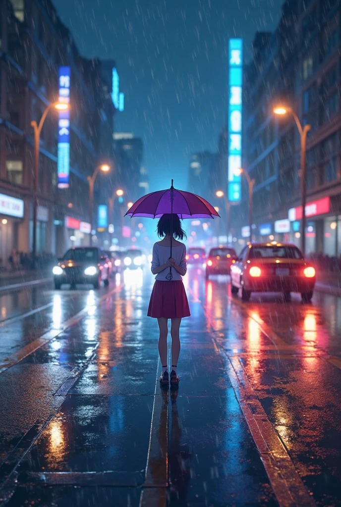 An award-winning, ultra-detailed 4K HDR image of a single anime character standing in the middle of a rainy, ultra-realistic city street at night — glowing neon reflections on wet pavement, passing cars blurred with motion, the anime character in vibrant, cel-shaded style contrasting beautifully with the photorealistic urban environment, holding a glowing umbrella or magical item, mist and light flares adding a cinematic touch — surreal fusion of 2D anime and live-action realism, moody, atmospheric, emotionally evocative
