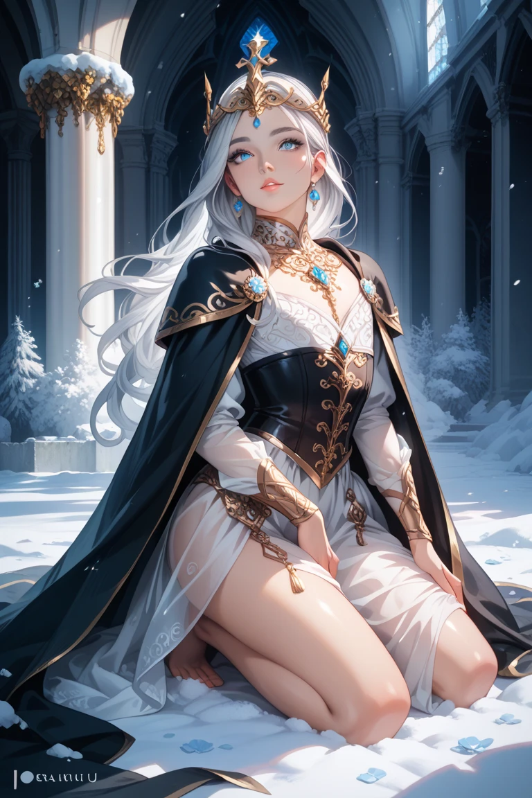 A young woman with white hair and heterochromia enchants in medieval attire. Her eyes, one a captivating blue and the other a mesmerizing green, add a touch of mystery to her ethereal beauty. The illustrative style takes inspiration from the detailed and richly textured works of Boris Vallejo, known for his fantasy art. The color palette combines soft whites and grays with vibrant pops of color, enhancing the visual impact. The camera angle captures the young woman in a regal and confident pose, showcasing her connection to both the medieval era and her unique characteristics.