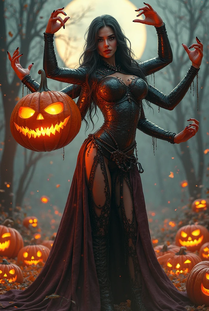 arafed woman in a halloween costume posing with a pumpkin, cyberpunk art by Adrian Zingg, Artstation, fantasy art, halloween art style, monstergirl, muscular ultraviolent woman, halloween, dark goddess with six arms, muscular and terrifying, muscular girl, huge veins, [ 4 k digital art ]!!, dorian cleavenger, halloween scene, ripped