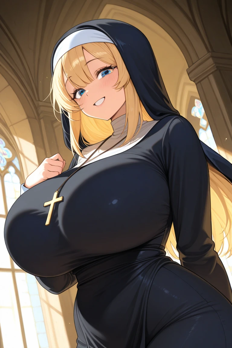 masterpiece, Highest quality,Perfect Face、Perfect body、Detailed eyes、Symmetrical eyes、Eye highlights、Shiny skin:1.3,Focus on face、Too beautiful face、official、Upper Body、An elegant and intelligent adult woman、(Huge breasts:1.0,Puffy nipples)、(Thick thighs)、(Staring at the audience:1.3)、Associations with stained glass classes、Leaning forward、Siggy、Nun、Green Eyes