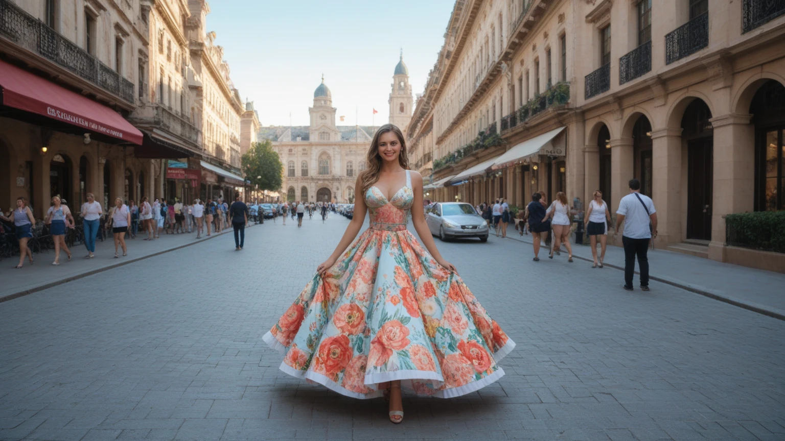 vogue model poses for a photoshoot in naples in italy at piazza del plebiscito wearing a dress patterned with italian flag