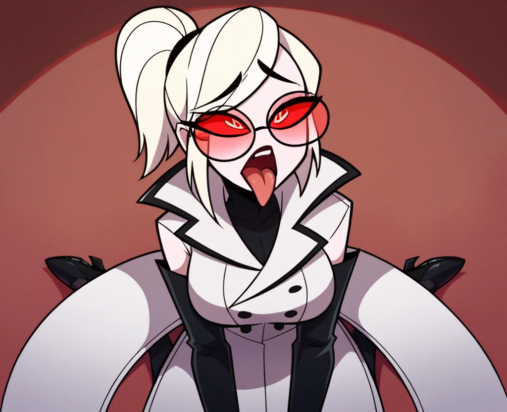My hero Academia style, Mt Lady from My Hero Academia, smile, squinted eyes, blushing, large waist, large breasts, long tongue, licking a popsicle, unbuttoned shirt, nipple peeking through, sweaty