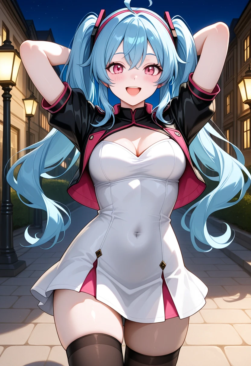 top-quality、Full limbs、complete fingers、One beautiful woman、Beautiful Large Breasts、Twin-tailed、Light blue long hair、Woman in white and red figure skating dress、Flesh-colored pantyhose、a smile、Ice rink、Perfect litthing、Packed figure skating arena(a picture)