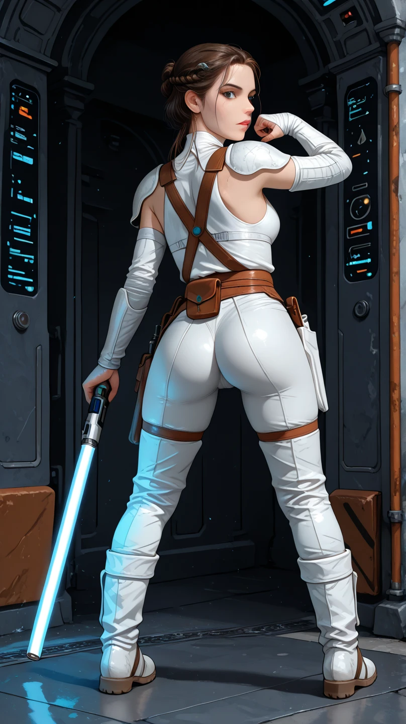 score_9, score_8_up, score_7_up, score_6_up, realistic, (star wars Rey Skywalker), standing, ((huge natural breasts)), brown eyes, rey bun hairstyle, (black tube top), (covered nipples), (black pelvic curtain), (white wet panties), perfect pussy cameltoe, (black stockings), playing with lightsaber, horny expression, (rear view)1.1, (inside spaceship, Millennium Falcon background) (detailed stockings fabric) (wearing 20cm sexy high heels stilettos shoes) (detailed face)