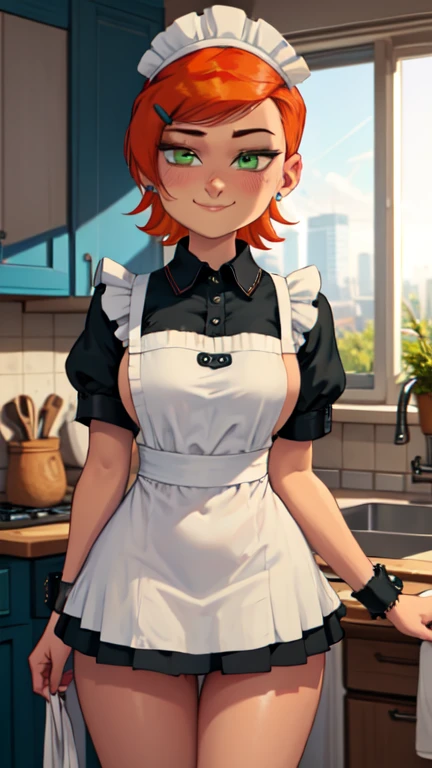 a closeup portrait of a playful maid, undercut hair, apron, amazing body, pronounced feminine feature, busty, kitchen, [ash blonde | ginger | pink hair], freckles, flirting with camera, partial nudity
