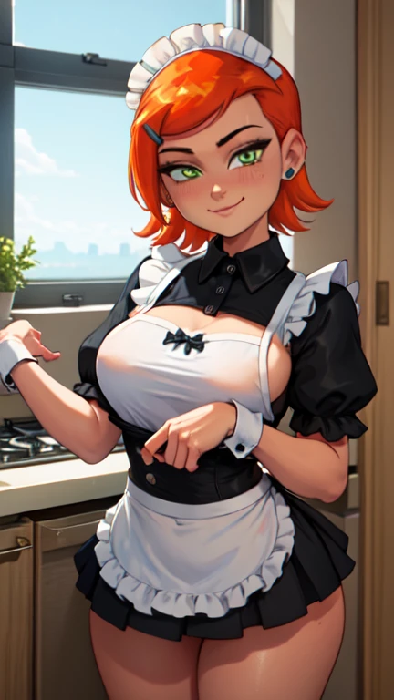 but short, Red hair, 5 fingers on each hand, yellow latex gloves, green dress, White apron, Sexy black stockings, garter belt in each stocking, panty roja sexy, you can see her naked breasts, very angry, shows teeth, in a kitchen, semen drips from her red pantie, splashed with semen on her breasts. Look straight ahead very angry, blushing, Look straight ahead, She lifts her apron with one hand to show her red panties. her bare breasts stick out of her shirt. you can see his red underwear, She lifts her apron with one hand to show her underwear..