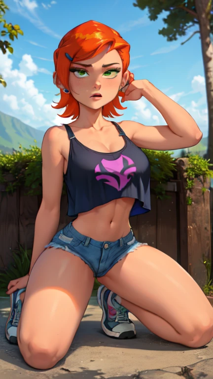 Twintail, red haired, 1girl, grey eyes, short, young, well toned, well built, muscled, toned muscles, red highlights, pigtails, beach, pink, black bikini, pov, sit, looks at the viewer, spread legs, blushing, sweating, (Jillin' off:1.2), stockings, (ahego:1.5) ,At school, frontal, purple short skirt, bag, smiling, abusive, super detailed, 4k, (black lingerie:1.5), immature, 16bit